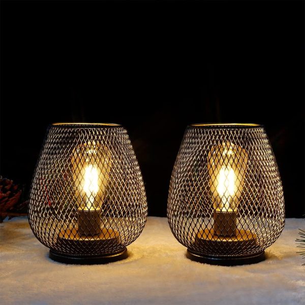Set of 2 Metal Battery Operated Lamp 17cm Tall Metal Cage Shape Cordless Table Lamp Battery Lanterns with LED Edsion Bulb for Patio Garden Wedding Parties Indoor Outdoor(Brown)