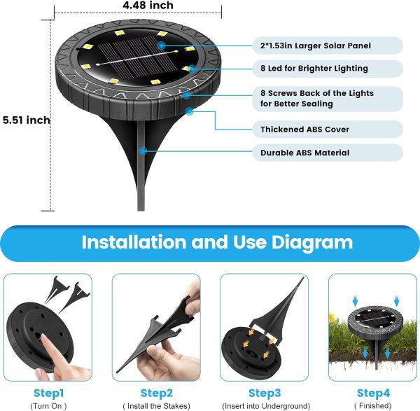 Solar Ground Lights 2 Pack,IP68 Waterproof Solar Pathway Lights, 8 LED Solar Disk Lights Outdoor Decorative, Solar Landscape Lighting for Yard Walkway Driveway Lawn Path Garden(Warm White)