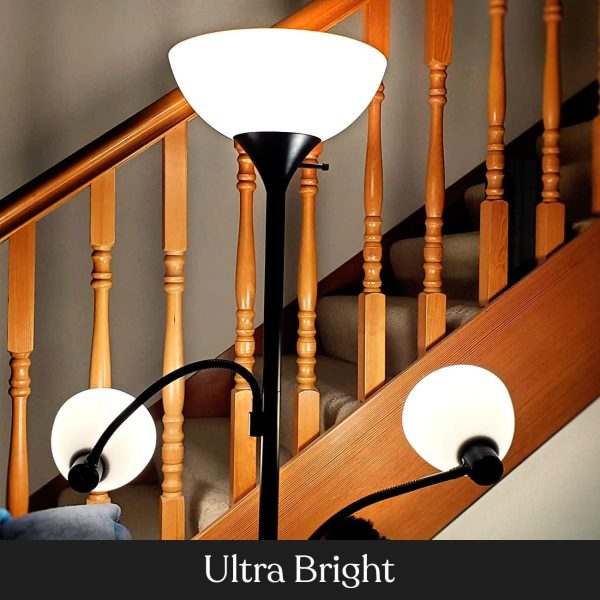 Double LED Floor lamp, Torchiere Super Bright Floor Lamp with 2 Reading Lamps for Living Rooms & Offices - Dimmable Tall Standing Lamp for Bedroom Reading - Tall Black Pole