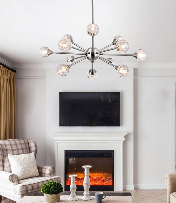 Modern Crystal Chandelier Light, Sputnik Style Chandeliers Brushed Nickel Pendant Light Branches 12-Lights Crystal Ceiling Light Fixtures for Dining Room Bedroom Living Room G9 Bulbs