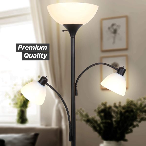 Double LED Floor lamp, Torchiere Super Bright Floor Lamp with 2 Reading Lamps for Living Rooms & Offices - Dimmable Tall Standing Lamp for Bedroom Reading - Tall Black Pole