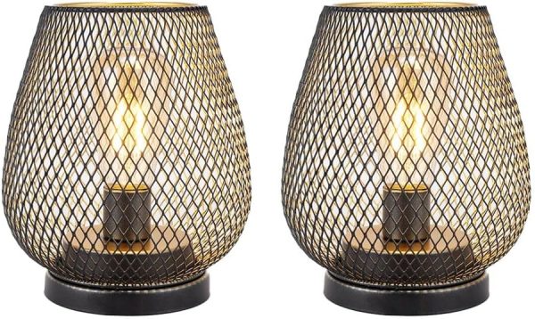 Set of 2 Metal Battery Operated Lamp 17cm Tall Metal Cage Shape Cordless Table Lamp Battery Lanterns with LED Edsion Bulb for Patio Garden Wedding Parties Indoor Outdoor(Brown)