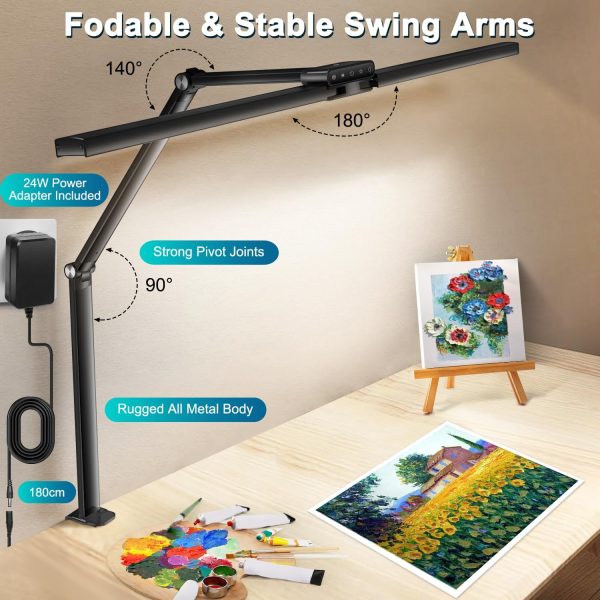 LED Desk Lamp,78cm Architect Double Head Light, 24W Bright Workbench Home Office Lighting with Light Sensor, Monitor Desk Clamp Light for Work Read Painting - 5 Colors/Brightness, 40Min Timer