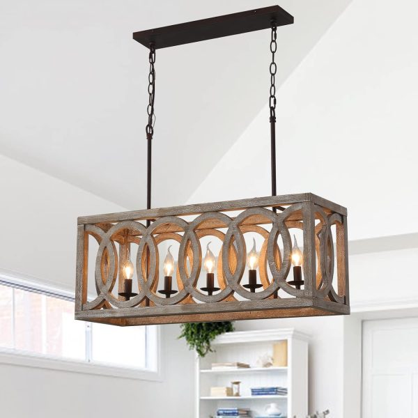5-Light Farmhouse Kitchen Island Chandelier Rectangular Dining Room Lights Fixtures Over Table, 30" Linear Rustic Wood Ceiling Pendant Hanging Lighting Pool Table Light Fixture for Restaurant