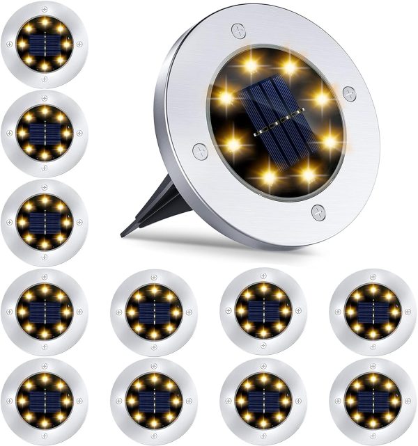 Solar Ground Lights - 8LED Solar Garden Lights Outdoor Waterproof Sidewalk Disk Bright In-Ground Landscape Lighting for Lawn Patio Pathway Yard Steps Deck Walkway Light (Warm White) (10 Pack)