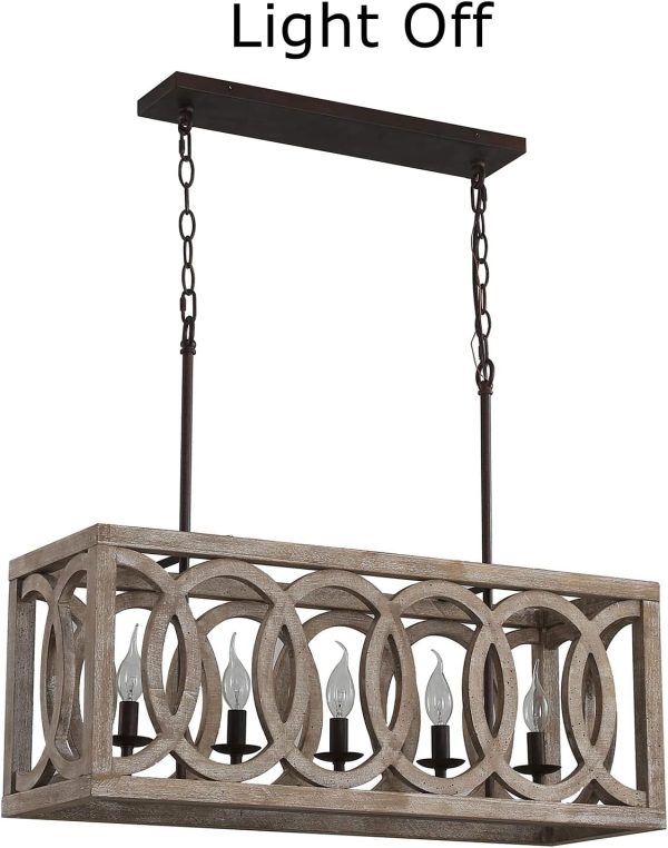 5-Light Farmhouse Kitchen Island Chandelier Rectangular Dining Room Lights Fixtures Over Table, 30" Linear Rustic Wood Ceiling Pendant Hanging Lighting Pool Table Light Fixture for Restaurant