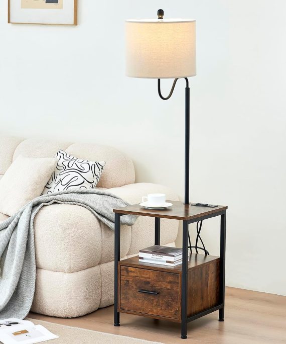 Floor Lamp with Table, Wooden End Table with Lamp Attached with USB Port and Outlets, Rustic Bedside Nightstand Lamp with Shelves for Living Room Bedroom Home Office, Brown, LY0033