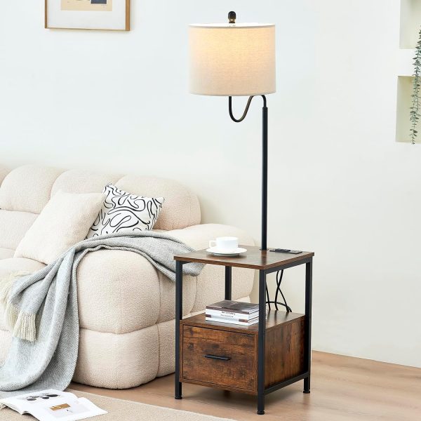 Floor Lamp with Table, Wooden End Table with Lamp Attached with USB Port and Outlets, Rustic Bedside Nightstand Lamp with Shelves for Living Room Bedroom Home Office, Brown, LY0033