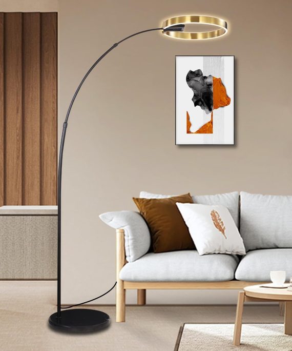 MGJXTWG Arc Floor Lamps for Living Room, Gold Modern Floor Lamp, Tall Pole Lamp with Foot Switch, Adjustable Hanging Drum Shade, Over Couch Arched Reading Light for Bedroom, Office,