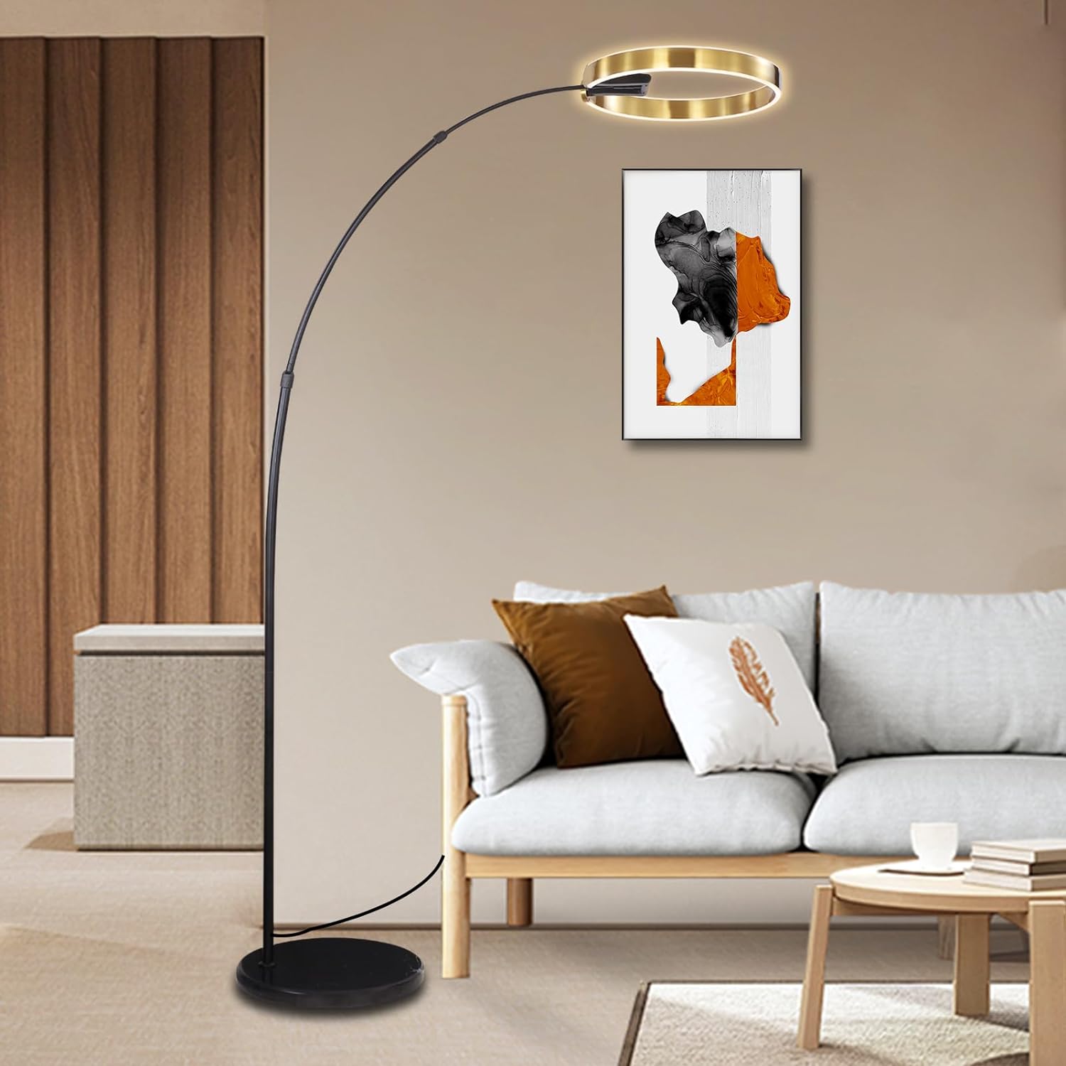 MGJXTWG Arc Floor Lamps for Living Room, Gold Modern Floor Lamp, Tall Pole Lamp with Foot Switch, Adjustable Hanging Drum Shade, Over Couch Arched Reading Light for Bedroom, Office,