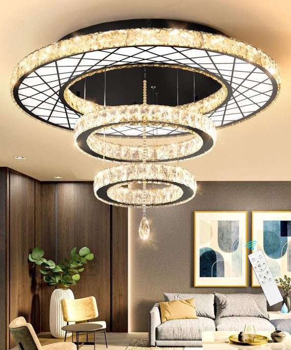 Modern Ceiling Light 2 Rings Chandelier, Dining Room Bedroom Close to Ceiling Light Fixtures Chandeliers Interior Lighting Black LED Lights Dimmable 3000-6000K Foyer Light