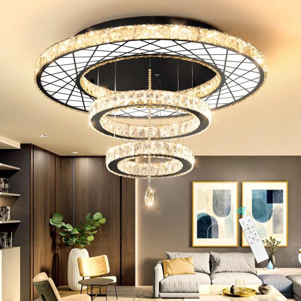 Modern Ceiling Light 2 Rings Chandelier, Dining Room Bedroom Close to Ceiling Light Fixtures Chandeliers Interior Lighting Black LED Lights Dimmable 3000-6000K Foyer Light