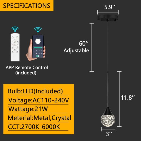 1-Light Crystal Pendant Light Fixtures for Kitchen Island Dimmable LED Ceiling Light Modern Kitchen Pendant Lighting Over Island Mini Pendant Lights for Kitchen Island Bedroom Dining Room Chandelier