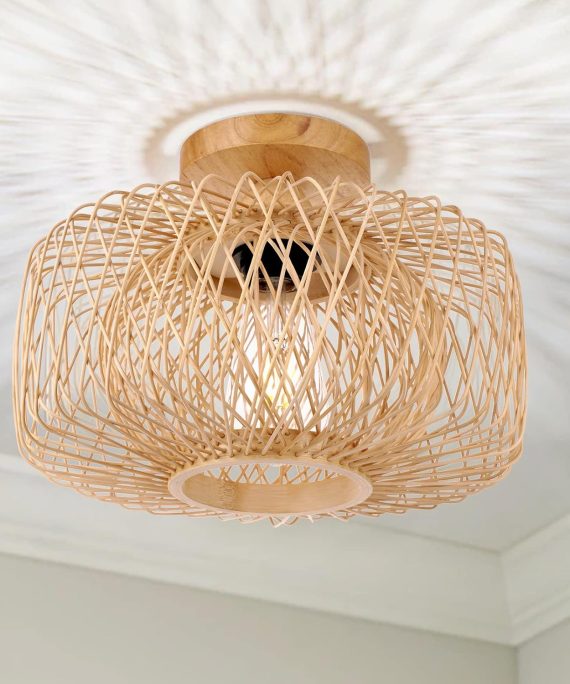 HOME Woven Rattan Flush Mount Light Fixture - Boho Light Fixtures Ceiling Bedroom Ceiling Lights Flush Mount Ceiling Light for Living Room Hallway Kitchen Entryway Farmhouse