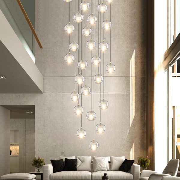 26-Lights Large Chandelier Modern 14 Feet Long Lights for Living Foyer Entryway Staircase Sloped High Ceiling Spiral Pendant Lighting Bubble Crystal Warm Light, Gold