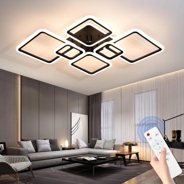 Modern LED Ceiling Light, 40.2'' Dimmable Acrylic Square 6+1 Rings Ceiling Lamp with Remote, Black Flush Mount Ceiling Lights Fixture for Low Ceiling Bedroom Living Room Dining Room, 130W