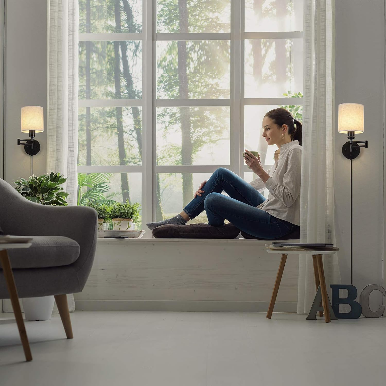 Plug in Wall Light Set of 2, Swing Arm Wall Lamps, Modern Bedroom Wall Sconce Fixtures with Linen Lampshade for Reading Hallway Living Room