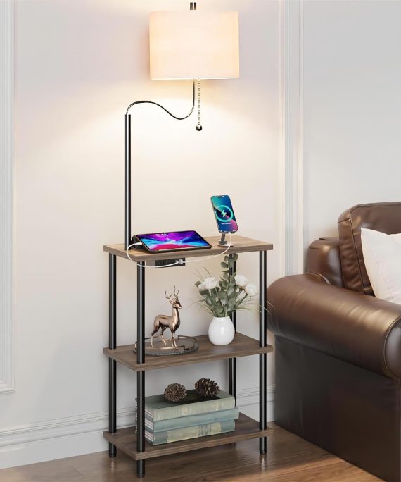 Floor Lamp End Table with Charging Station, Retro Bedside Table with Lamp for Living Room, Small Side Table Nightstand for Bedroom, Floor Lamp with USB Ports Type-C(Bulb Included)