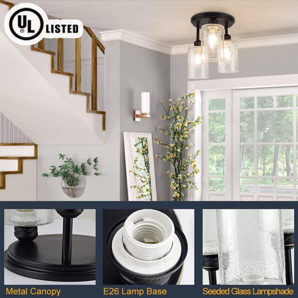 Semi Flush Mount Ceiling Light Farmhouse, Seeded Glass Chandelier Ceiling Light Fixture with 3-Light for Dining Room, Hallway, Kitchen, Bedroom, Entryway, E26 Base Black