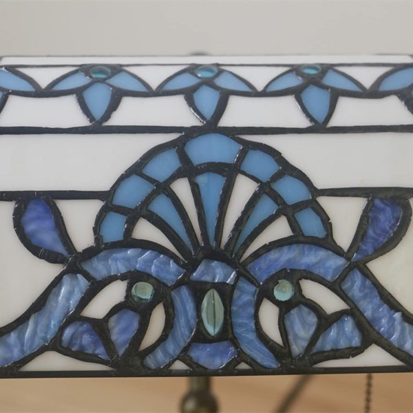 Bankers Table Lamp Stained Glass Piano Desk Lamp Vintage Bedroom Bedside Lamp for Study,Antique Alloy Base,Zipper Switch,Blue Baroque