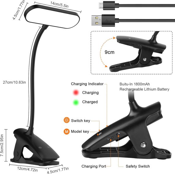 Desk Lamp for Home Office, 36 LED Rechargeable Table Lamp with 5 Color Modes 5 Brightness, Eye Protection Clip on Reading Light Night Light for Bed