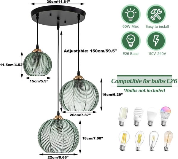 Glass Pendant Light Kitchen Island Modern Chandelier Pendant Lighting Green Ribbed Glass Shade Globe Pendant Light Fixture for Kitchen Dining Room Living Room Bedroom Farmhouse