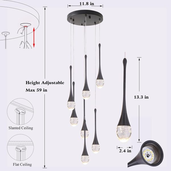 Modern Crystal Bubble Chandelier 7-Lights,High Ceiling Dimmable LED Crystal Spiral Raindrop Light for Foyer Entryway Dining Room with Remote Control Black, Puvaue-0007-Black
