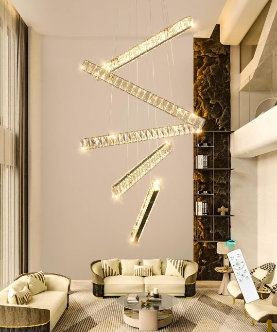 Modern Chandeliers Linear Light for Dining Room Crystal LED Ceiling Pendant Light Fixtures Dimmable High Ceiling Chandeliers for Living Room Staircase Bedroom Kitchen Island Foyer 2700K 6000K