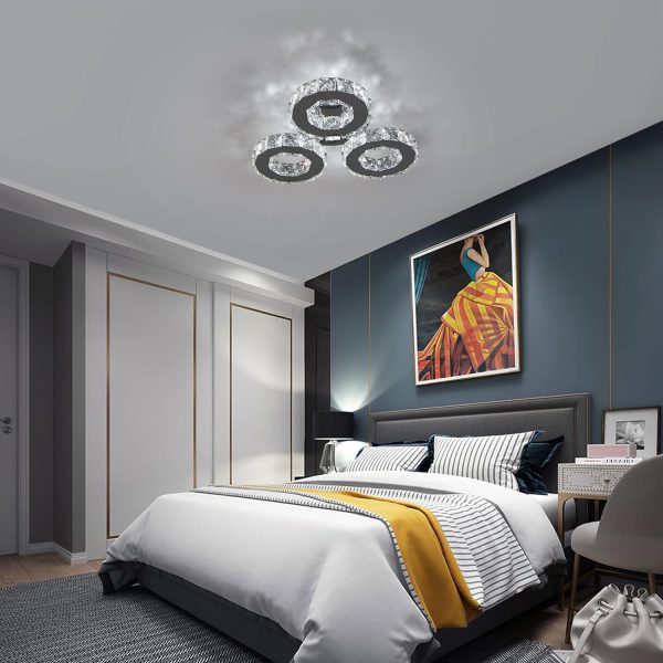 Modern Crystal Chandelier 3 Rings LED Crystal Flush Mount Ceiling Light Fixtures Contemporary Stainless Steel Pendant Bedroom Lights Fixtures for Dining Room Living Room (Cool White)
