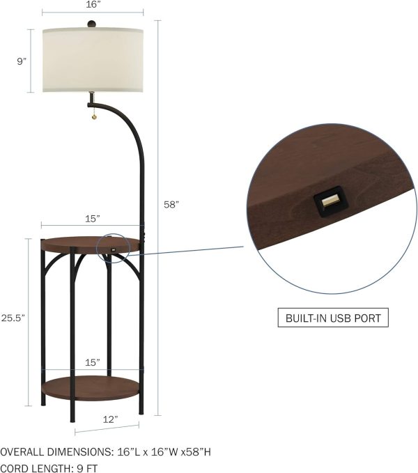 Lavish Home Floor Lamp with Table - Modern Rustic Side Table with USB Charging Port, LED Bulb, and Drum-Shaped Shade - Standing Light with Shelves 16 in x 16 in x 58 in
