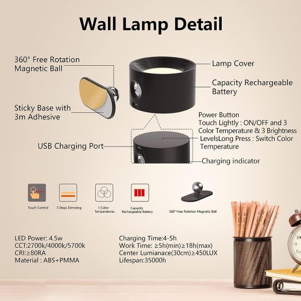 LED Wall Sconce, Wall Mounted Lamp with Rechargeable Battery Operated USB Port 3 Color Temperature & 3 Brightness Level 360??Rotate Magnetic Ball, Cordless Light for Reading Study Bedside