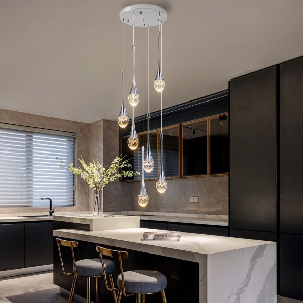 Modern Crystal Bubble Chandelier 7-Lights,High Ceiling Dimmable LED Crystal Spiral Raindrop Light for Foyer Entryway Dining Room with Remote Control Chrome