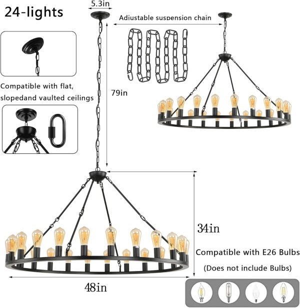 celimi Black Wagon Wheel Chandelier 24-Light Farmhouse Chandeliers Round Industrial Ceiling Light fixtures 48 inch Island Hanging Pendant for High Ceilings Living Dining Room Foyer Entryway