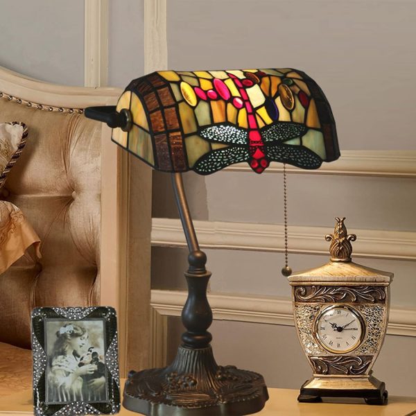 Bankers Table Lamp Stained Glass Piano Desk Lamp Vintage Bedroom Bedside Lamp for Study,Antique Alloy Base,Zipper Switch,Blue Baroque