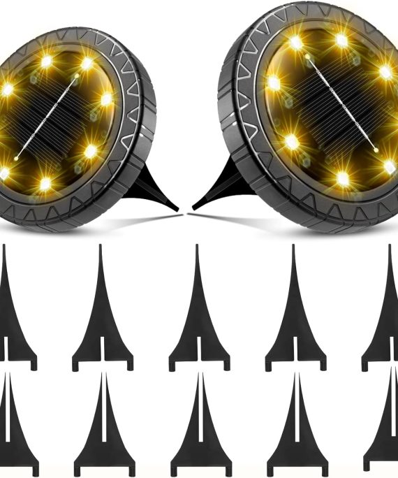 Solar Ground Lights 2 Pack,IP68 Waterproof Solar Pathway Lights, 8 LED Solar Disk Lights Outdoor Decorative, Solar Landscape Lighting for Yard Walkway Driveway Lawn Path Garden(Warm White)