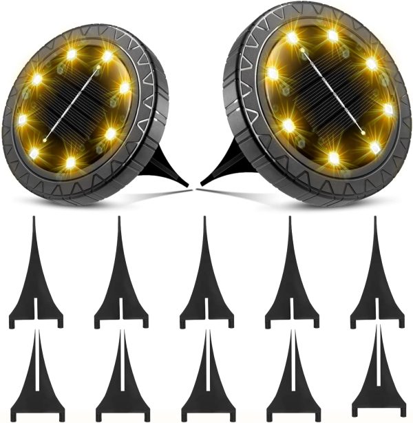 Solar Ground Lights 2 Pack,IP68 Waterproof Solar Pathway Lights, 8 LED Solar Disk Lights Outdoor Decorative, Solar Landscape Lighting for Yard Walkway Driveway Lawn Path Garden(Warm White)