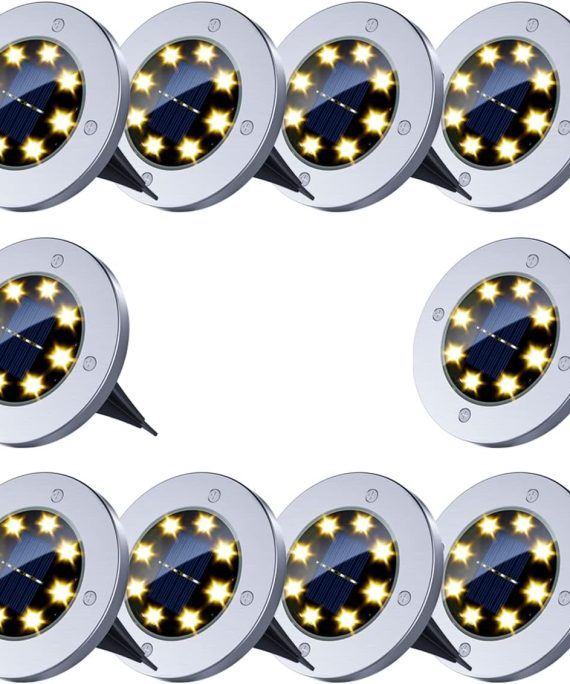 Solar Ground Lights - 8LED Solar Garden Lights Outdoor Waterproof Sidewalk Disk Bright In-Ground Landscape Lighting for Lawn Patio Pathway Yard Steps Deck Walkway Light (Warm White) (10 Pack)