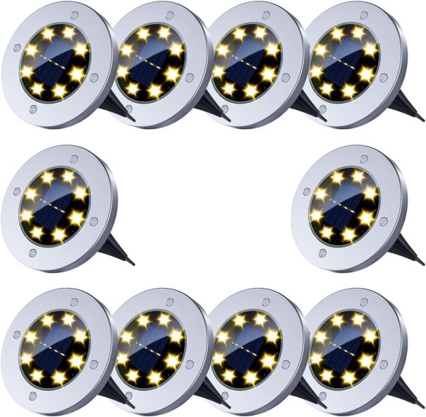 Solar Ground Lights - 8LED Solar Garden Lights Outdoor Waterproof Sidewalk Disk Bright In-Ground Landscape Lighting for Lawn Patio Pathway Yard Steps Deck Walkway Light (Warm White) (10 Pack)
