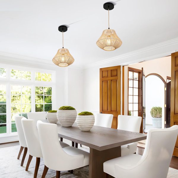 Farmhouse Rattan Pendant Lights, Boho Ceiling Chandelier Light Fixture, Natural Bamboo Shade, Cage Basket Pendant Hanging for Dining Room Living Room Kitchen Bedroom, P1011