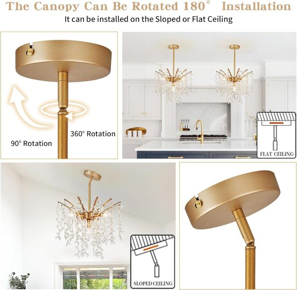 Pendant Light Fixtures, Dia 15.7in Hand-string Teardrop Crystal Modern Chandelier, Height Adjustable Gold Hanging Light Fixture, Mid Century Ceiling Lighting for Kitchen Island Bedroom Dining Room