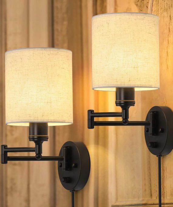 Plug in Wall Light Set of 2, Swing Arm Wall Lamps, Modern Bedroom Wall Sconce Fixtures with Linen Lampshade for Reading Hallway Living Room