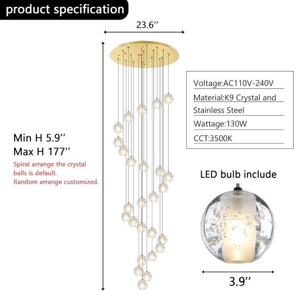 26-Lights Large Chandelier Modern 14 Feet Long Lights for Living Foyer Entryway Staircase Sloped High Ceiling Spiral Pendant Lighting Bubble Crystal Warm Light, Gold