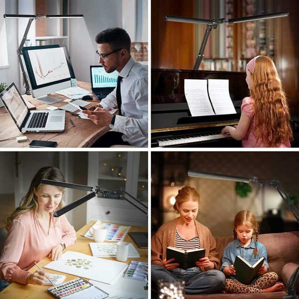 LED Desk Lamp Double Head, 24W Brightest Architect Table Lamp for Home Office, 73cm Modern Monitor Light Double Swing Arm, 3 Colors 10 Brightness for Studio Reading Piano (Black)
