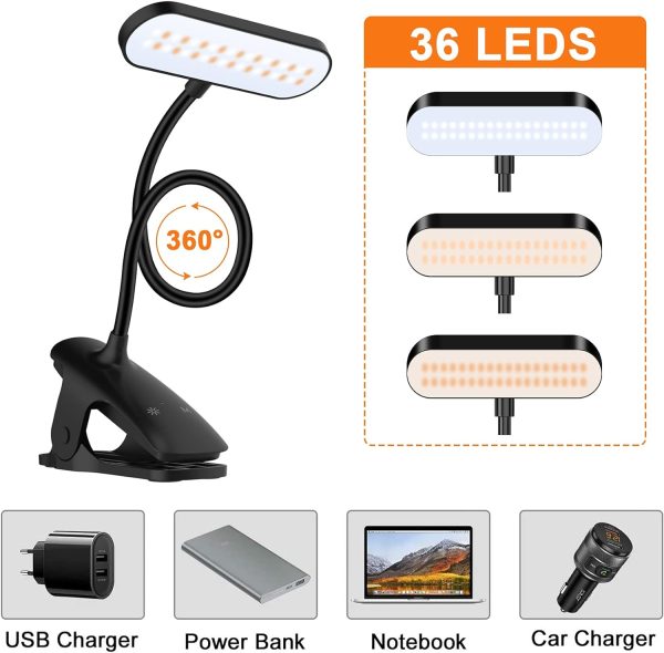 Desk Lamp for Home Office, 36 LED Rechargeable Table Lamp with 5 Color Modes 5 Brightness, Eye Protection Clip on Reading Light Night Light for Bed