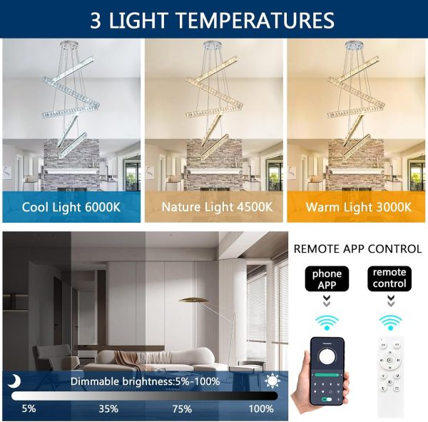 Modern Chandeliers Linear Light for Dining Room Crystal LED Ceiling Pendant Light Fixtures Dimmable High Ceiling Chandeliers for Living Room Staircase Bedroom Kitchen Island Foyer 2700K 6000K