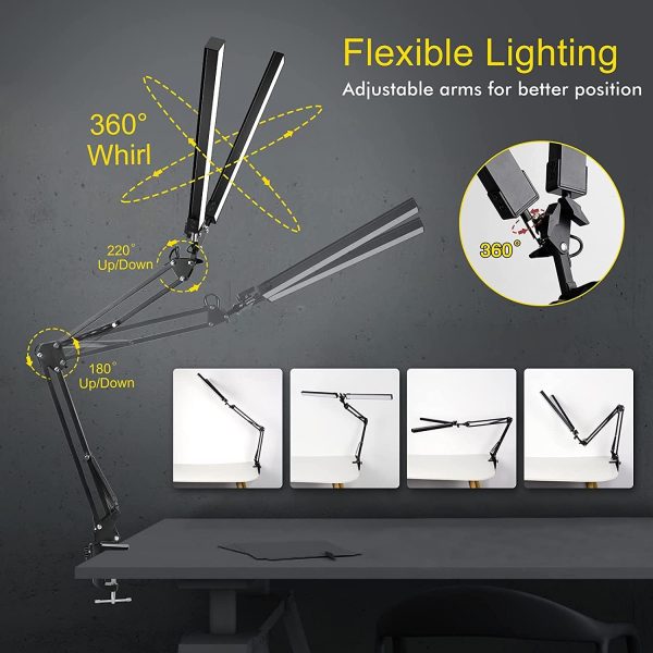 LED Desk Lamp Double Head, 24W Brightest Architect Table Lamp for Home Office, 73cm Modern Monitor Light Double Swing Arm, 3 Colors 10 Brightness for Studio Reading Piano (Black)