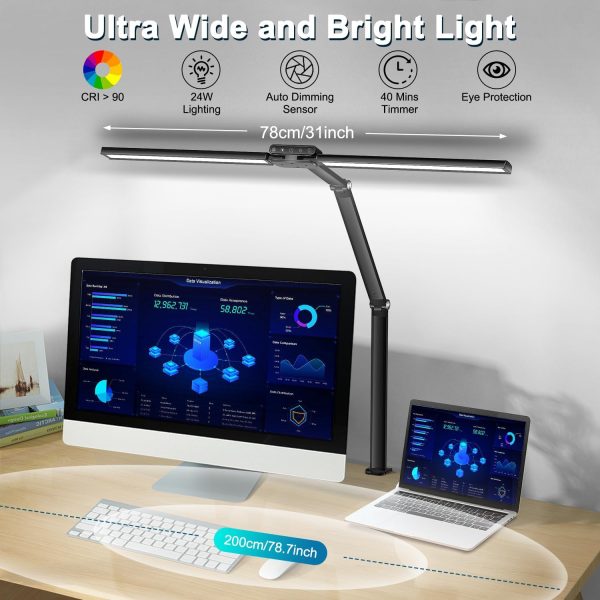 LED Desk Lamp,78cm Architect Double Head Light, 24W Bright Workbench Home Office Lighting with Light Sensor, Monitor Desk Clamp Light for Work Read Painting - 5 Colors/Brightness, 40Min Timer