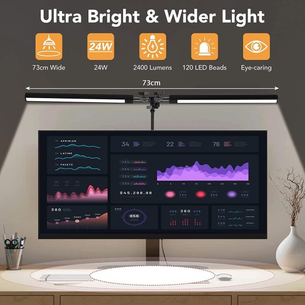 LED Desk Lamp Double Head, 24W Brightest Architect Table Lamp for Home Office, 73cm Modern Monitor Light Double Swing Arm, 3 Colors 10 Brightness for Studio Reading Piano (Black)