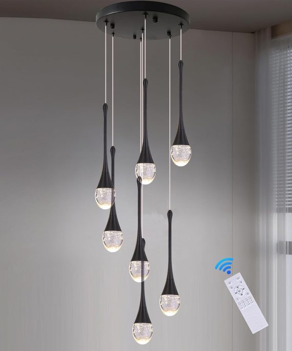 Modern Crystal Bubble Chandelier 7-Lights,High Ceiling Dimmable LED Crystal Spiral Raindrop Light for Foyer Entryway Dining Room with Remote Control Black, Puvaue-0007-Black