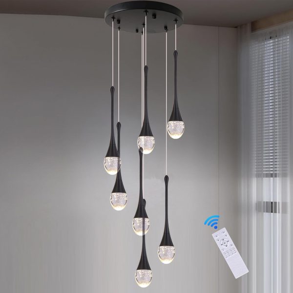 Modern Crystal Bubble Chandelier 7-Lights,High Ceiling Dimmable LED Crystal Spiral Raindrop Light for Foyer Entryway Dining Room with Remote Control Black, Puvaue-0007-Black